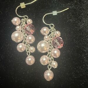 Silver Drop Earrings with White Pearls & Pink Stone